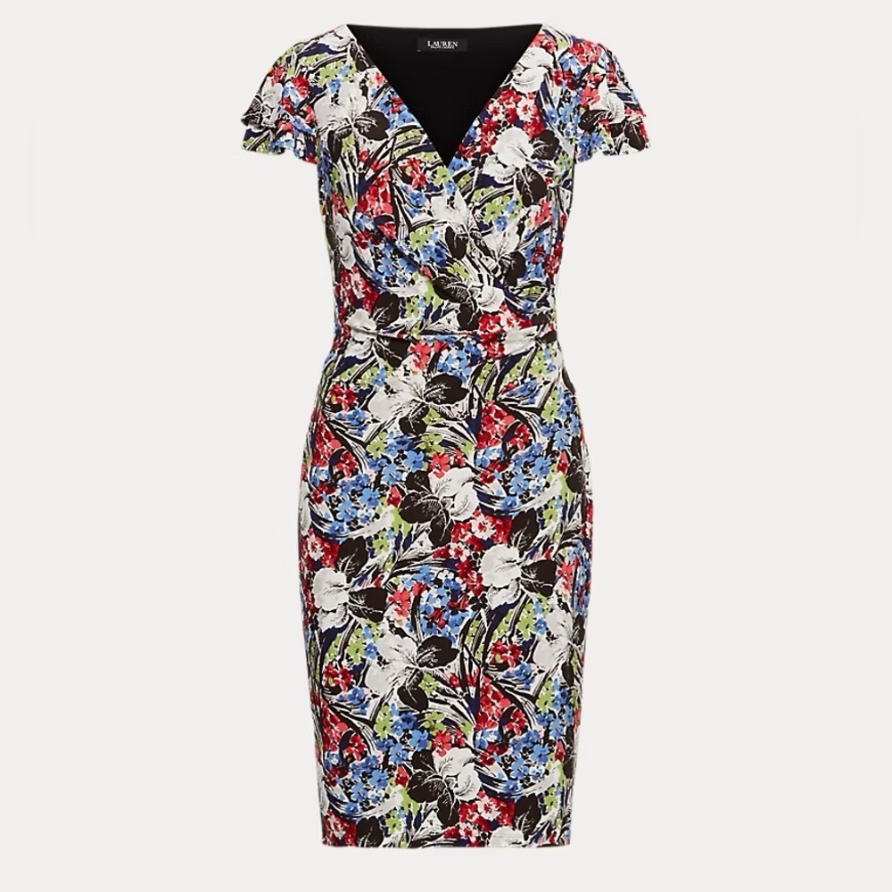 Lauren Ralph Lauren Floral Jersey Flutter-Sleeve Surplice Dress Lined Size 8 - Picture 4 of 15